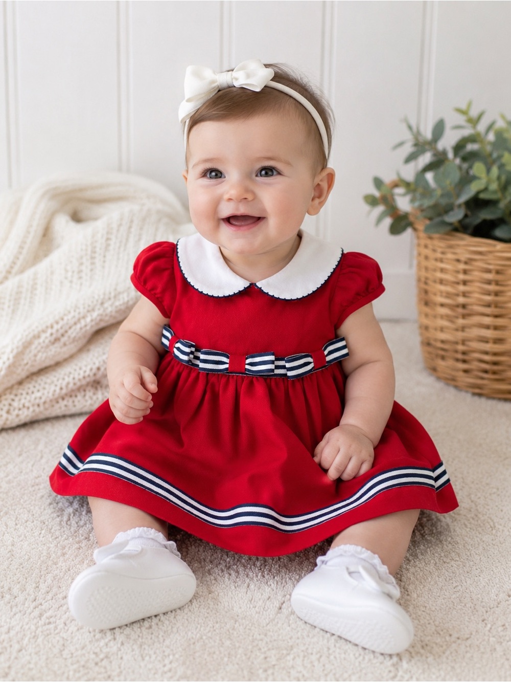 Bonnie Baby Red Sailor Dress 3/6M Peter Pan Collar Nautical Vintage